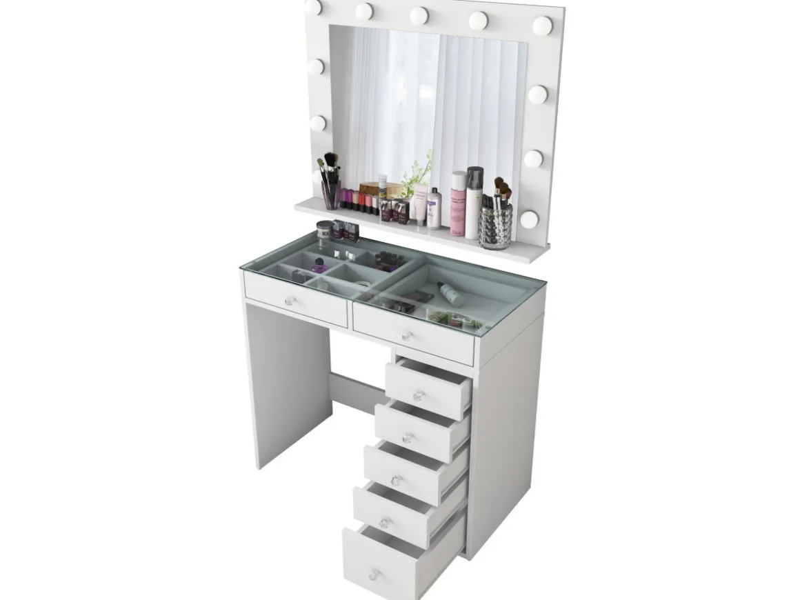 Coiffeuse avec miroir en bois "Kona" - 90 x 44 x 80 cm - Blanc