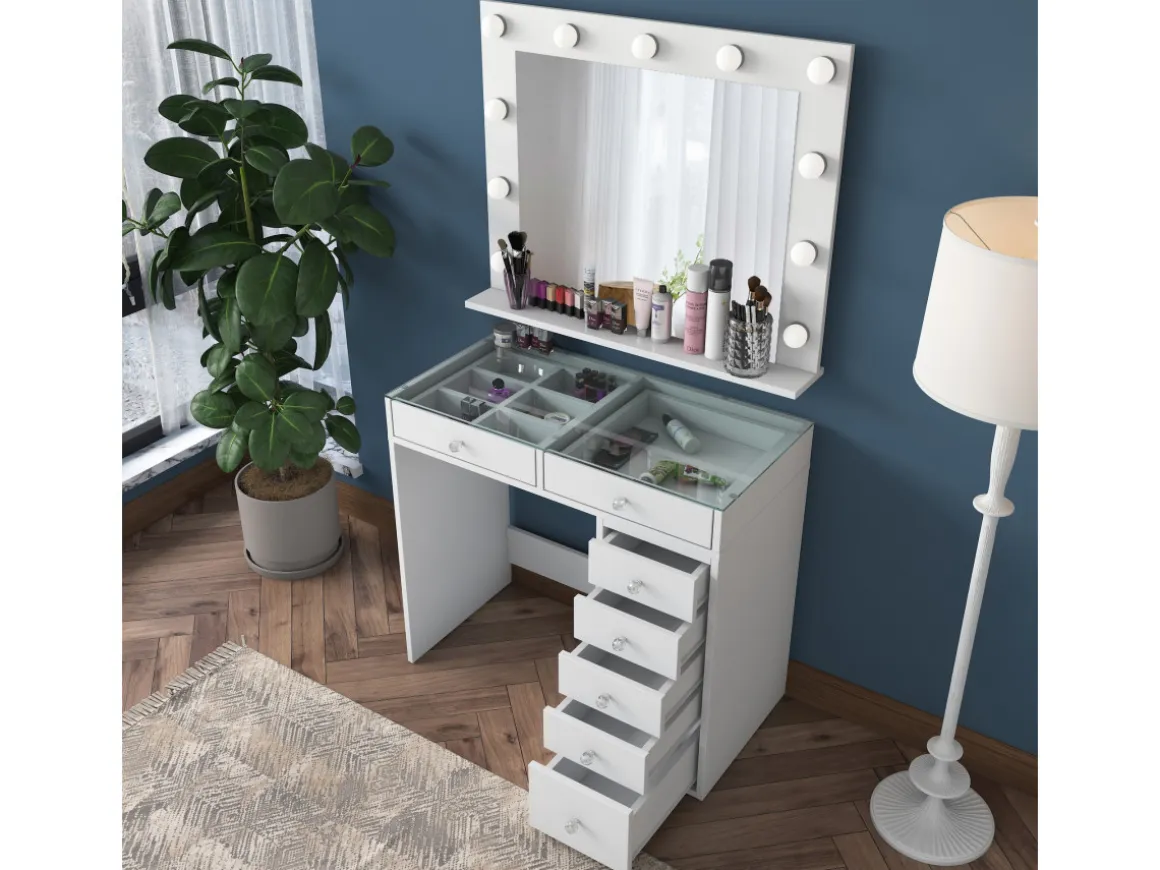 Coiffeuse avec miroir en bois "Kona" - 90 x 44 x 80 cm - Blanc