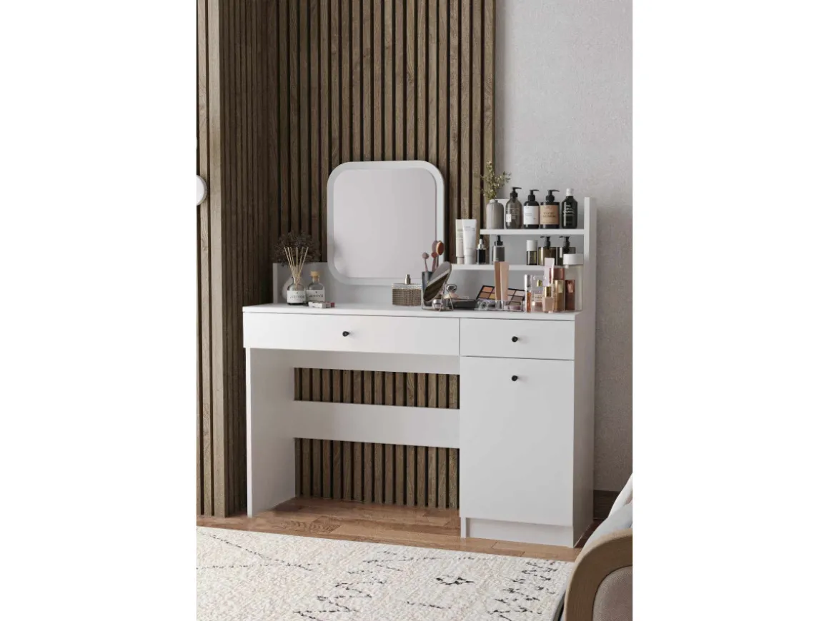 Coiffeuse avec miroir en bois "Harmony Square" - 124 x 40 x 135 cm - Blanc
