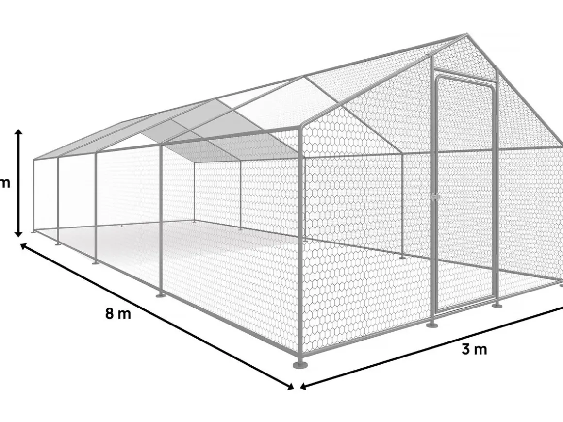 Enclos à poules 24 m² parc grillagé 8 x 3 x 2 M acier galvanisé