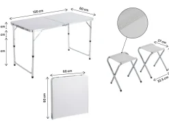 Ensembe table de camping et 4 tabourets pliants - 125 x 60 cm - Blanc