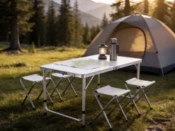 Ensembe table de camping et 4 tabourets pliants - 125 x 60 cm - Blanc