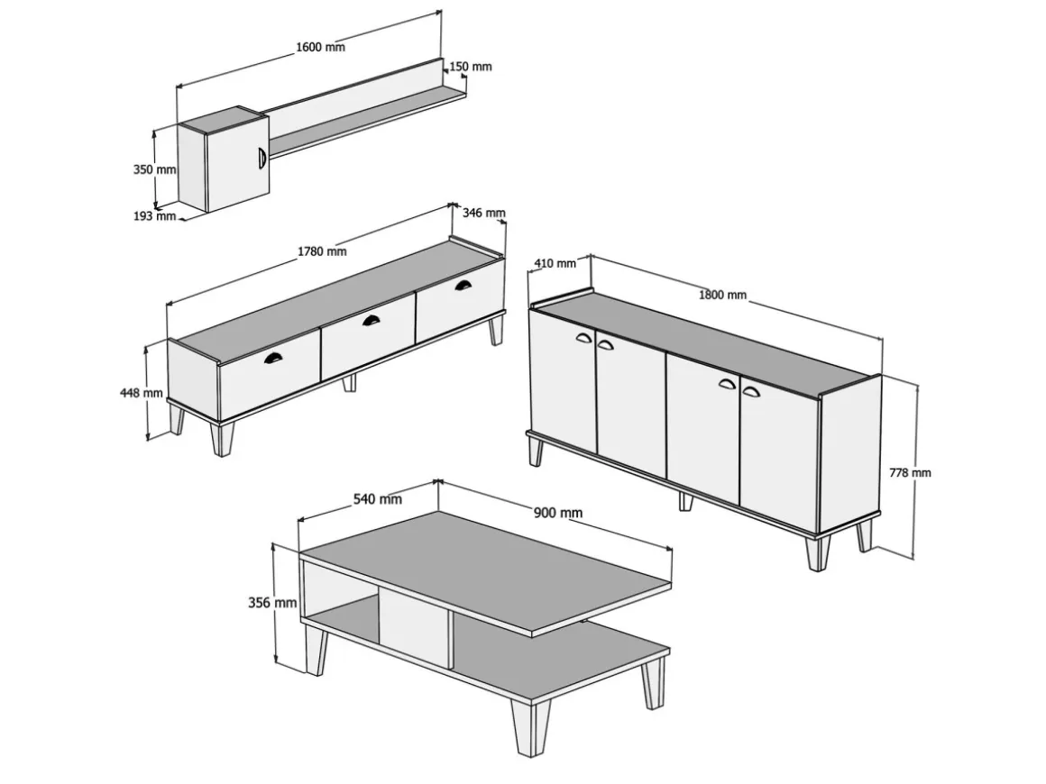 Ensemble de meubles de salon en bois "Sumer" - 180 x 41 x 77 cm - Blanc