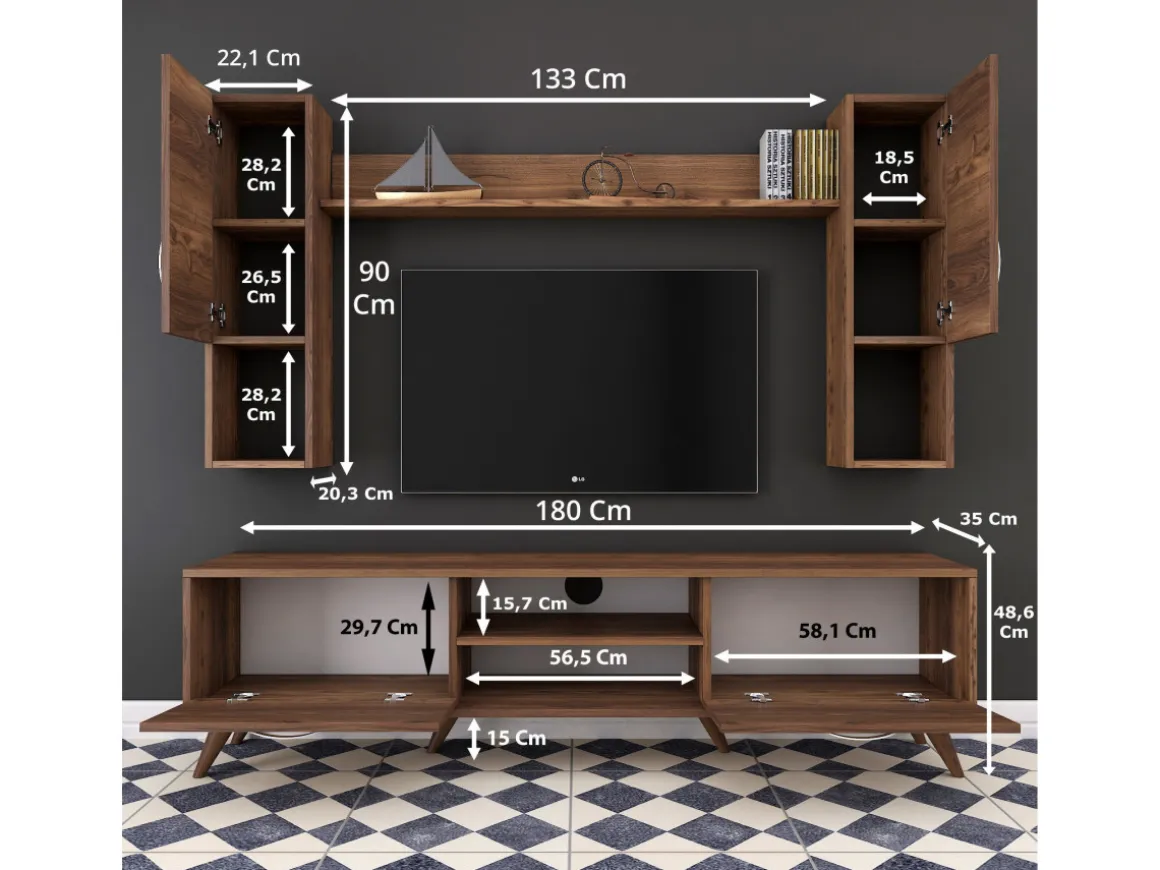 Ensemble meuble TV en bois "Mezalun" - 180 x 35 x 48 cm - Marron