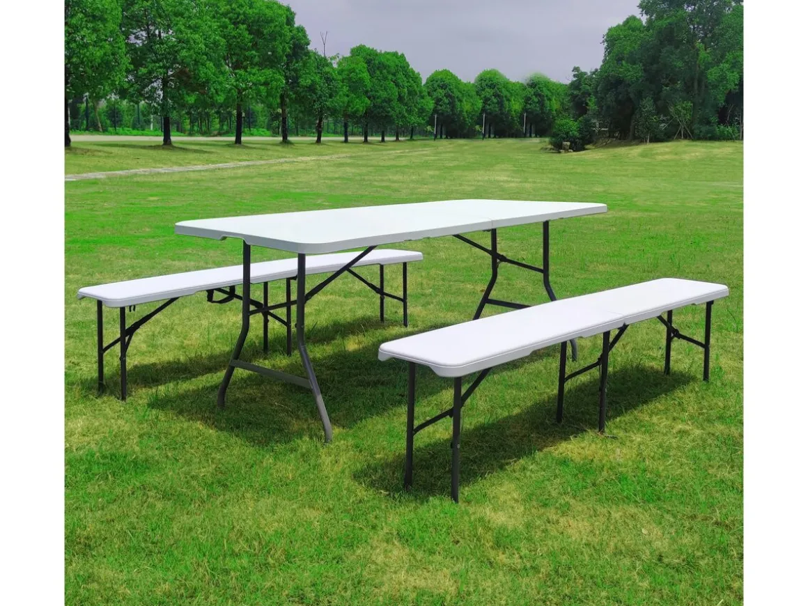 Ensemble Table de jardin pliante + 2 Bancs pliants " Foldy" - Blanc