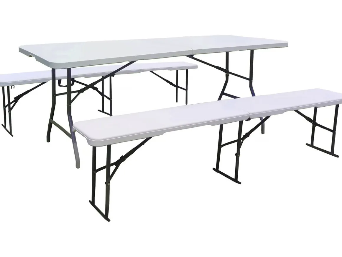 Ensemble Table de jardin pliante + 2 Bancs pliants " Foldy" - Blanc