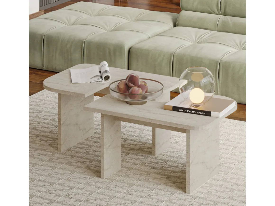 Ensemble tables basses en bois "Iris" - 90 x 45 x 35 cm - Travertin