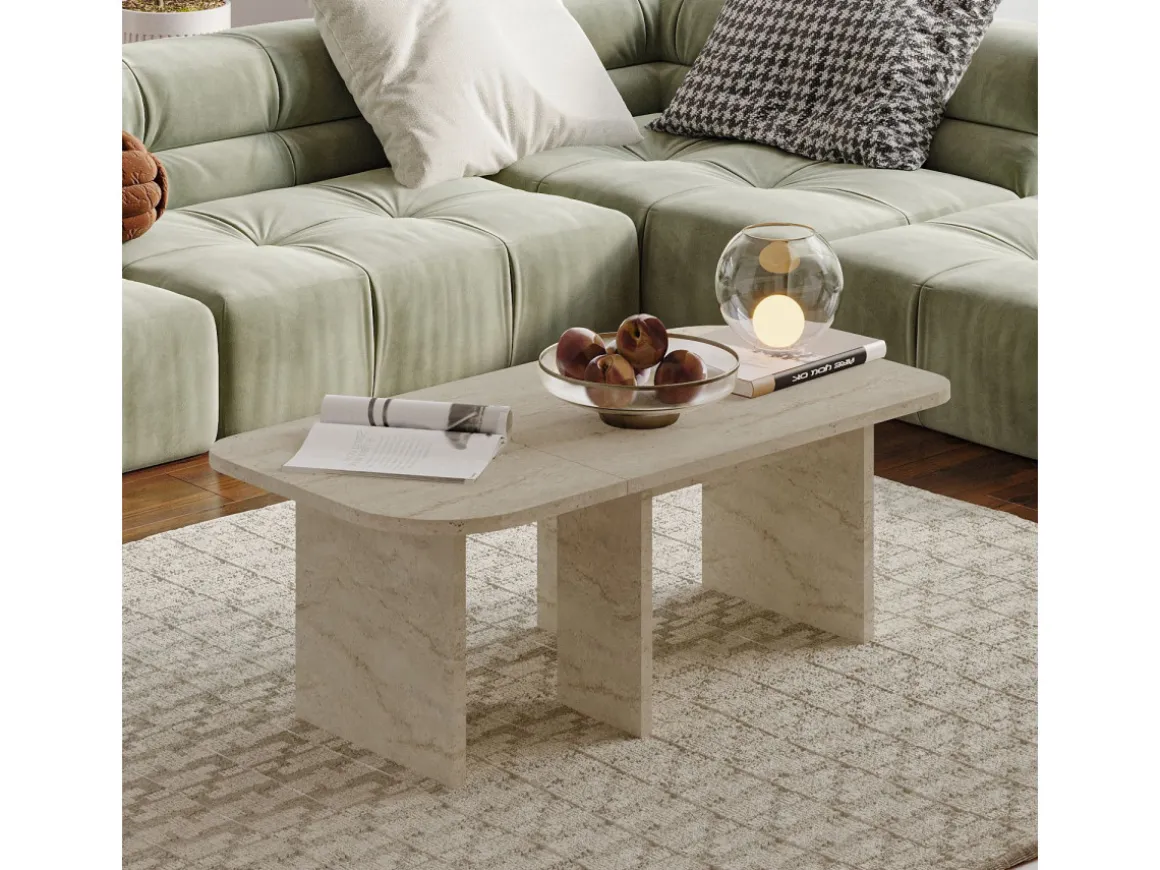 Ensemble tables basses en bois "Iris" - 90 x 45 x 35 cm - Travertin
