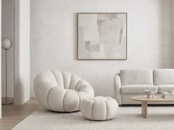 Fauteuil avec pouf style bubble en tissu bouclette "Élysée" - Crème