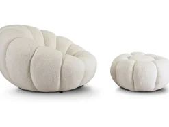 Fauteuil avec pouf style bubble en tissu bouclette "Élysée" - Crème