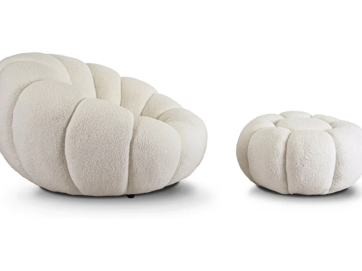 Fauteuil avec pouf style bubble en tissu bouclette "Élysée" - Crème
