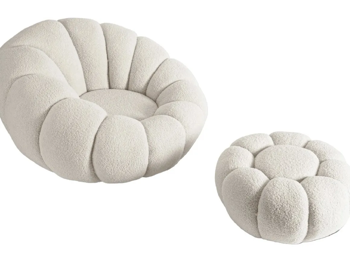 Fauteuil avec pouf style bubble en tissu bouclette "Élysée" - Crème