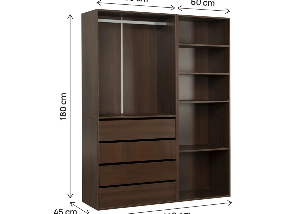 Kit dressing modulable avec penderie, 4 tiroirs et 5 étagères "Opéra" - 2 éléments - Marron