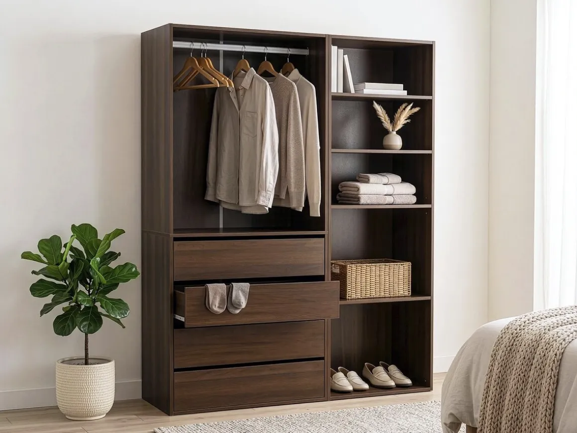 Kit dressing modulable avec penderie, 4 tiroirs et 5 étagères "Opéra" - 2 éléments - Marron