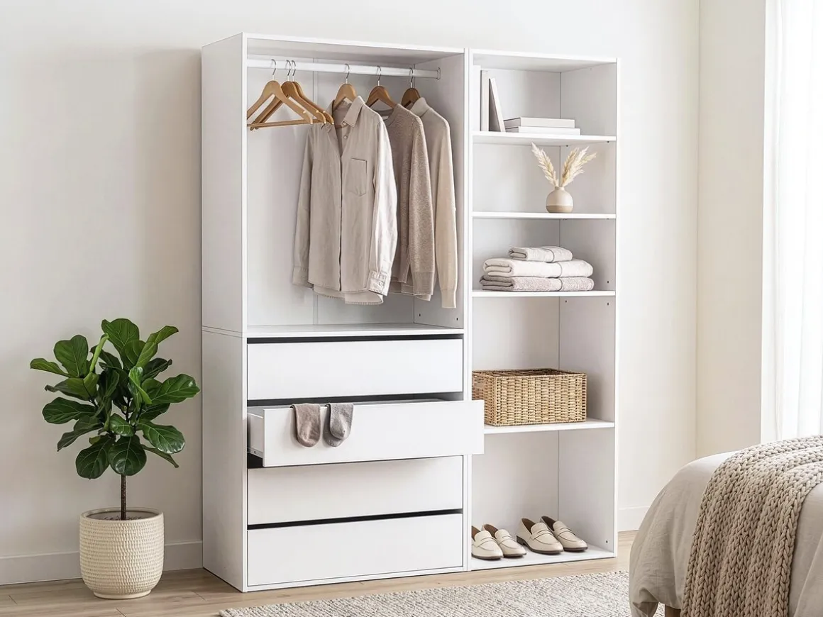Kit dressing modulable avec penderie, 4 tiroirs et 5 étagères "Opéra" - 2 éléments - Blanc