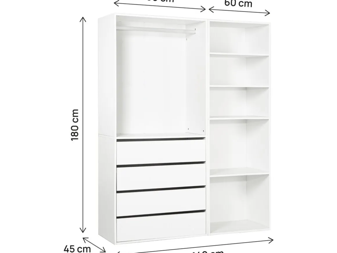 Kit dressing modulable avec penderie, 4 tiroirs et 5 étagères "Opéra" - 2 éléments - Blanc