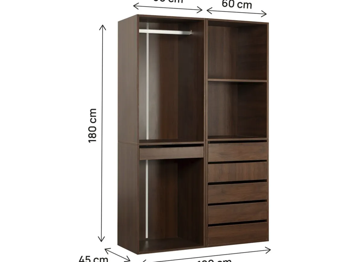 Kit dressing modulable avec penderie, porte-pantalons, 5 tiroirs et 2 étagères "Opéra" - 2 éléments - Marron