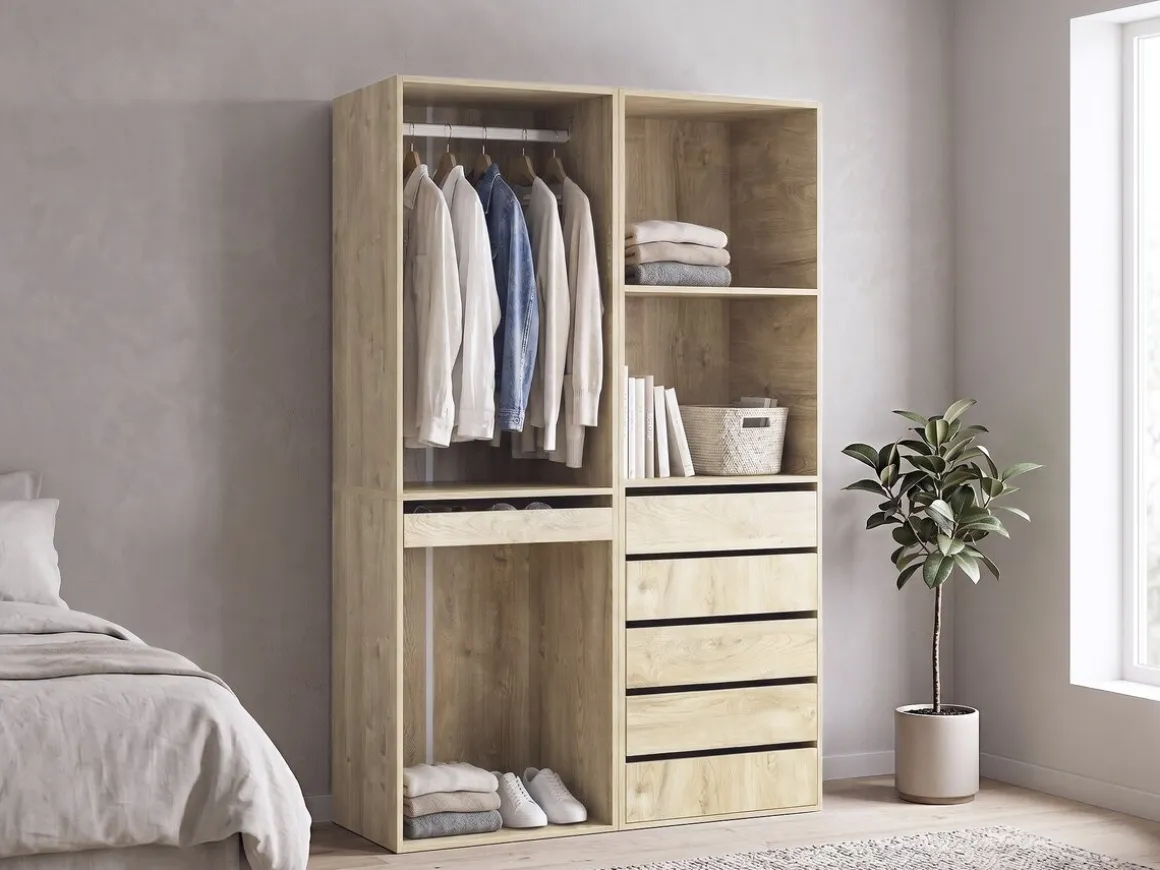 Kit dressing modulable avec penderie, porte-pantalons, 5 tiroirs et 2 étagères "Opéra" - 2 éléments - Beige
