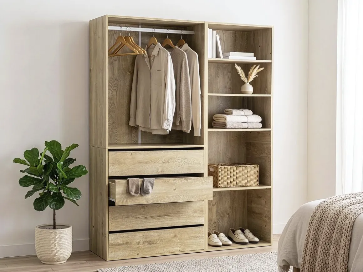 Kit dressing modulable avec penderie, 4 tiroirs et 5 étagères "Opéra" - 2 éléments - Beige