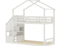 Lit cabane superposé avec escalier en bois "Oriana" - 90 x 190 cm - Beige