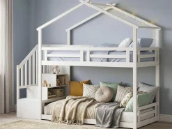 Lit cabane superposé avec escalier en bois 