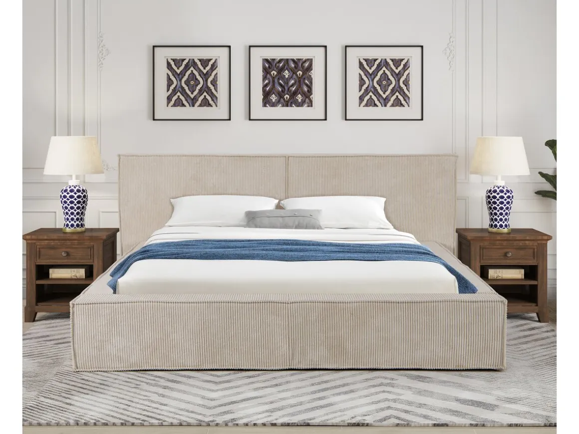 Lit coffre en velours côtelé "Courchevel" - 160 x 200 cm - Beige