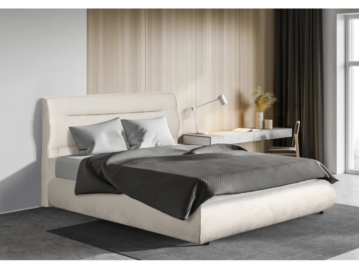 Lit double avec coffre en velours "Chamonix" - 140 x 190 cm - Beige