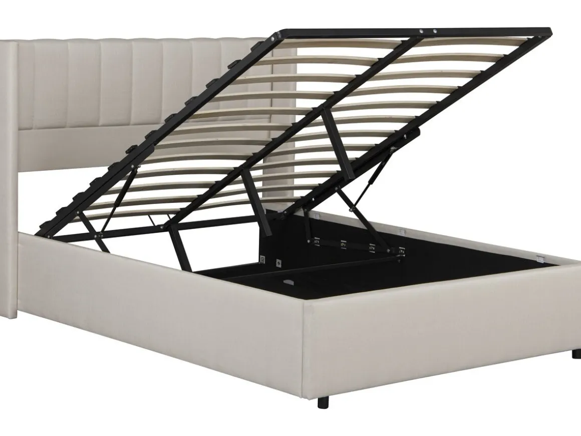 Lit double en lin avec coffre "Saint-Moritz" - 140 x 190 cm - Beige