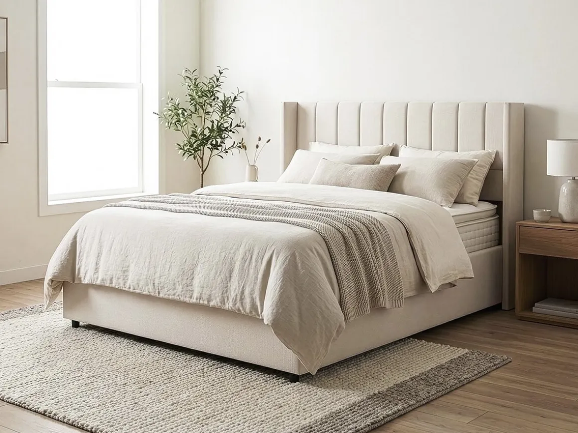 Lit double en lin avec coffre "Saint-Moritz" - 140 x 190 cm - Beige