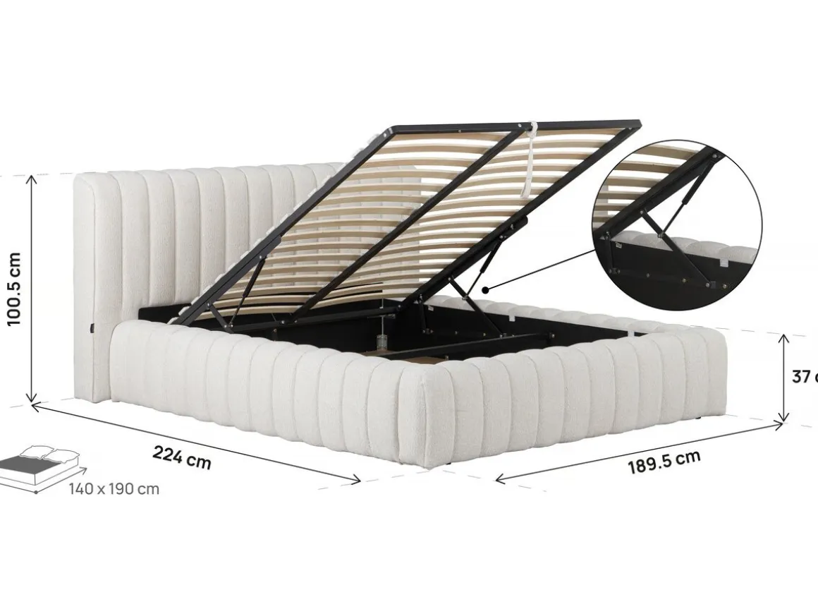Lit double en tissu avec coffre "Tignes" - 140 x 190 cm - Beige