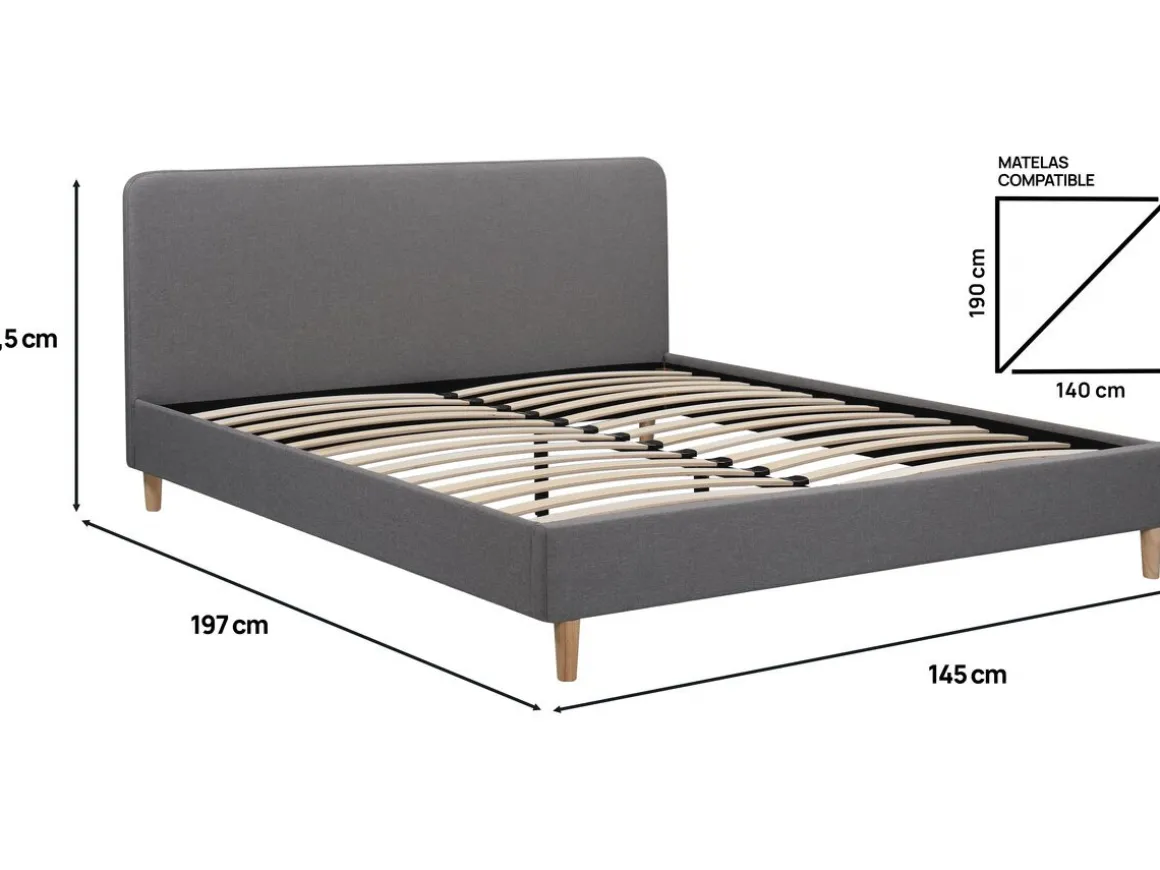Lit double en tissu "Louise" - 140 x 190 cm - Gris