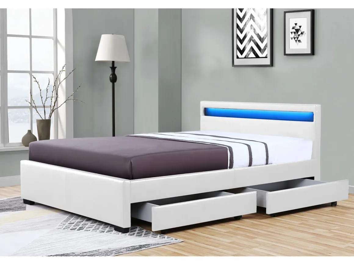 Lit LED avec 4 tiroirs "Nico" - 160 × 200 cm - Blanc