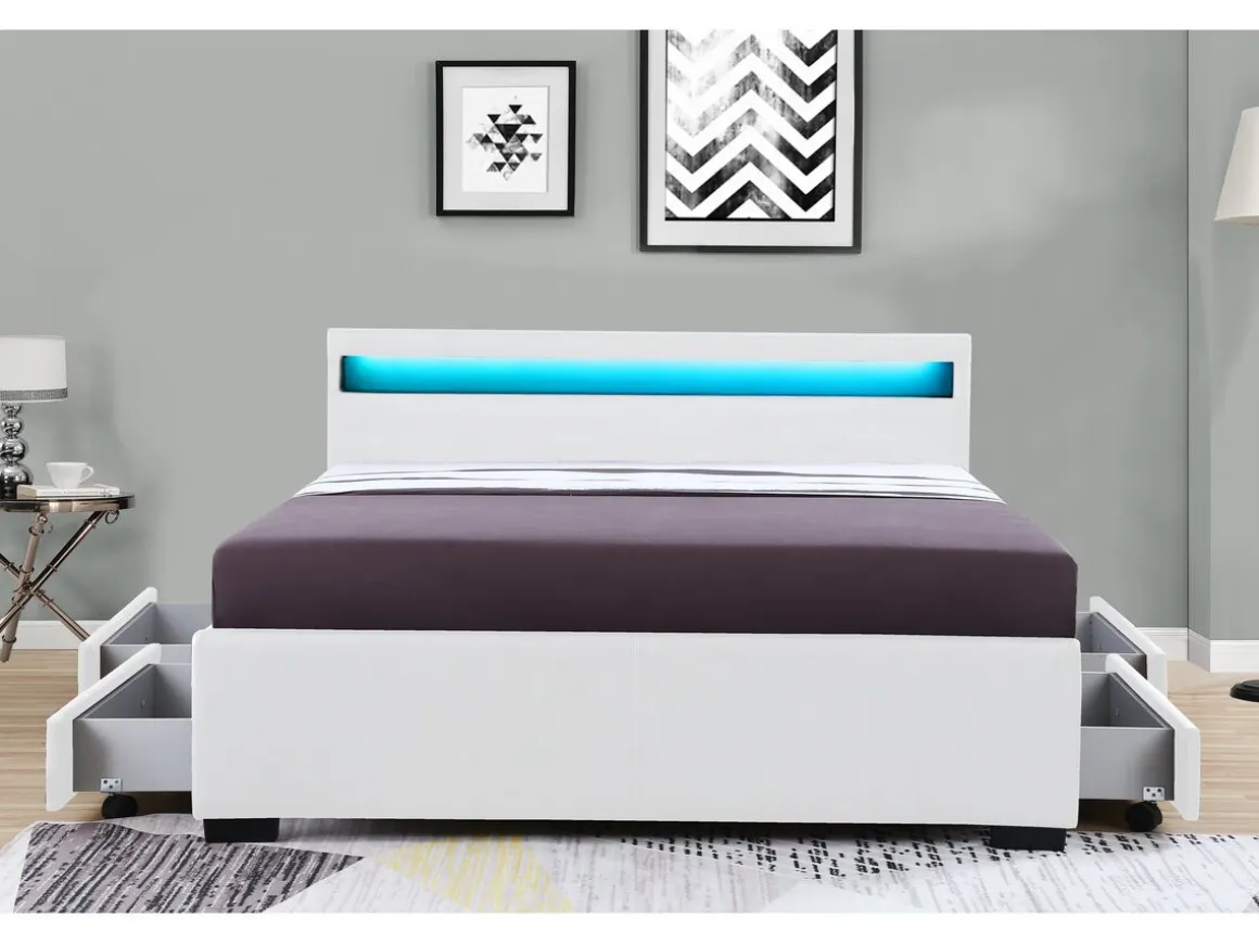 Lit LED avec 4 tiroirs "Nico" - 160 × 200 cm - Blanc