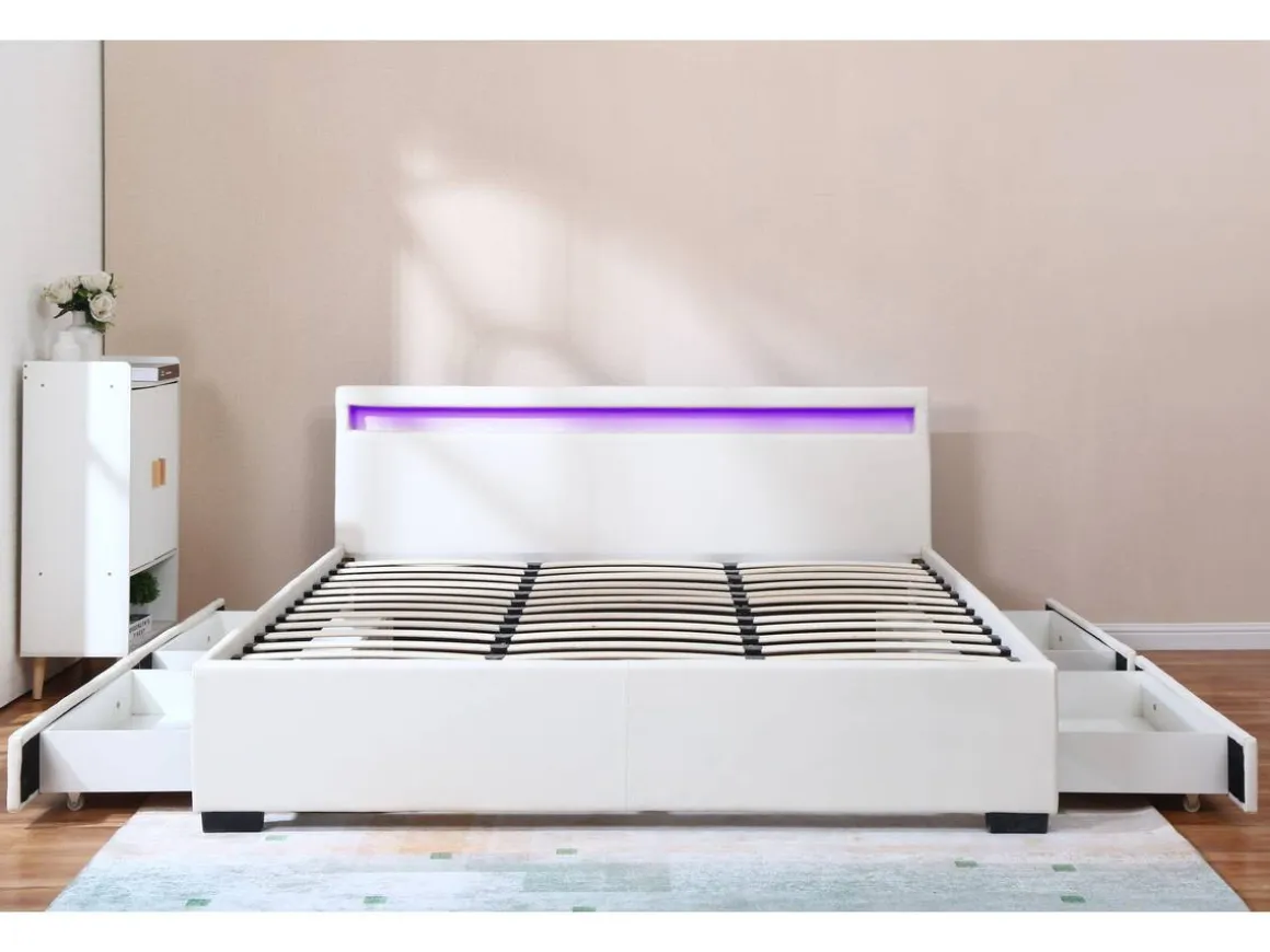 LIT LED double avec 4 tiroirs "Nico" - 180 x 200 cm - Blanc