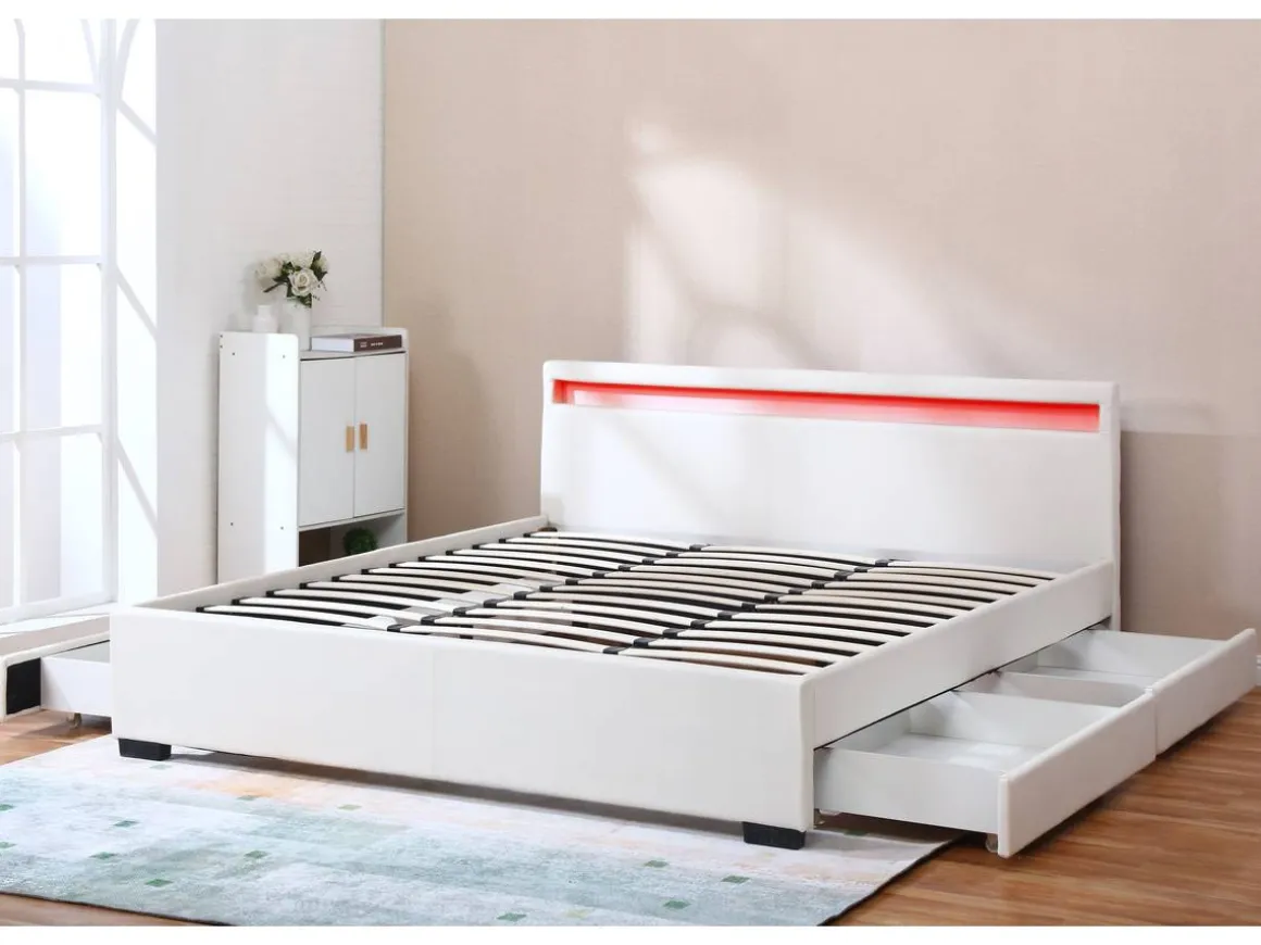 LIT LED double avec 4 tiroirs "Nico" - 180 x 200 cm - Blanc