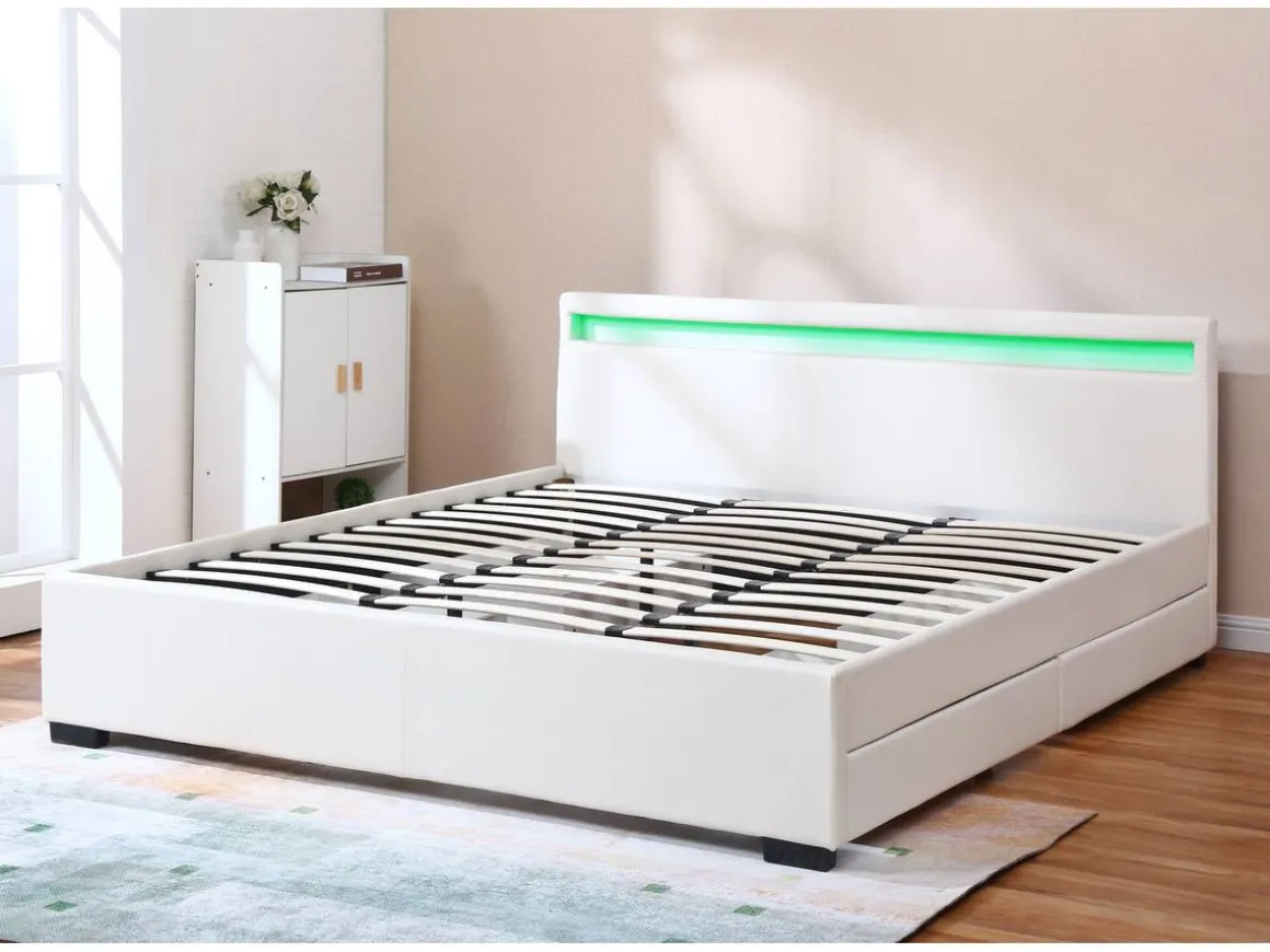 LIT LED double avec 4 tiroirs "Nico" - 180 x 200 cm - Blanc
