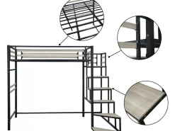 Lit mezzanine en métal avec escalier "LENA" - 140 x 190 cm - Noir