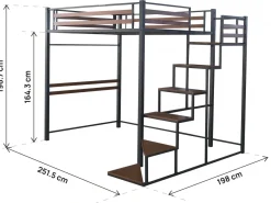Lit mezzanine en métal avec escalier "LENA" - 140 x 190 cm - Noir et marron noyer