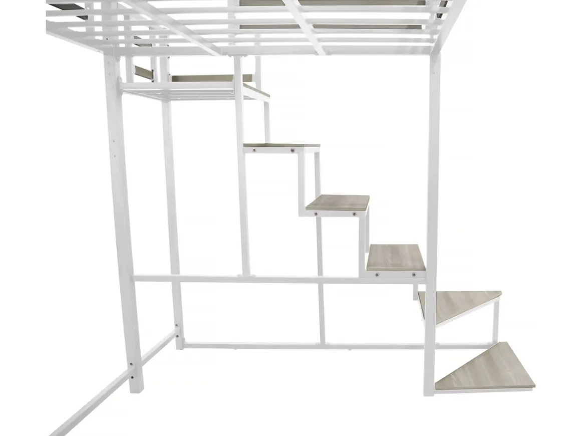 Lit mezzanine en métal avec escalier "LENA" - 140 x 190 cm - Blanc