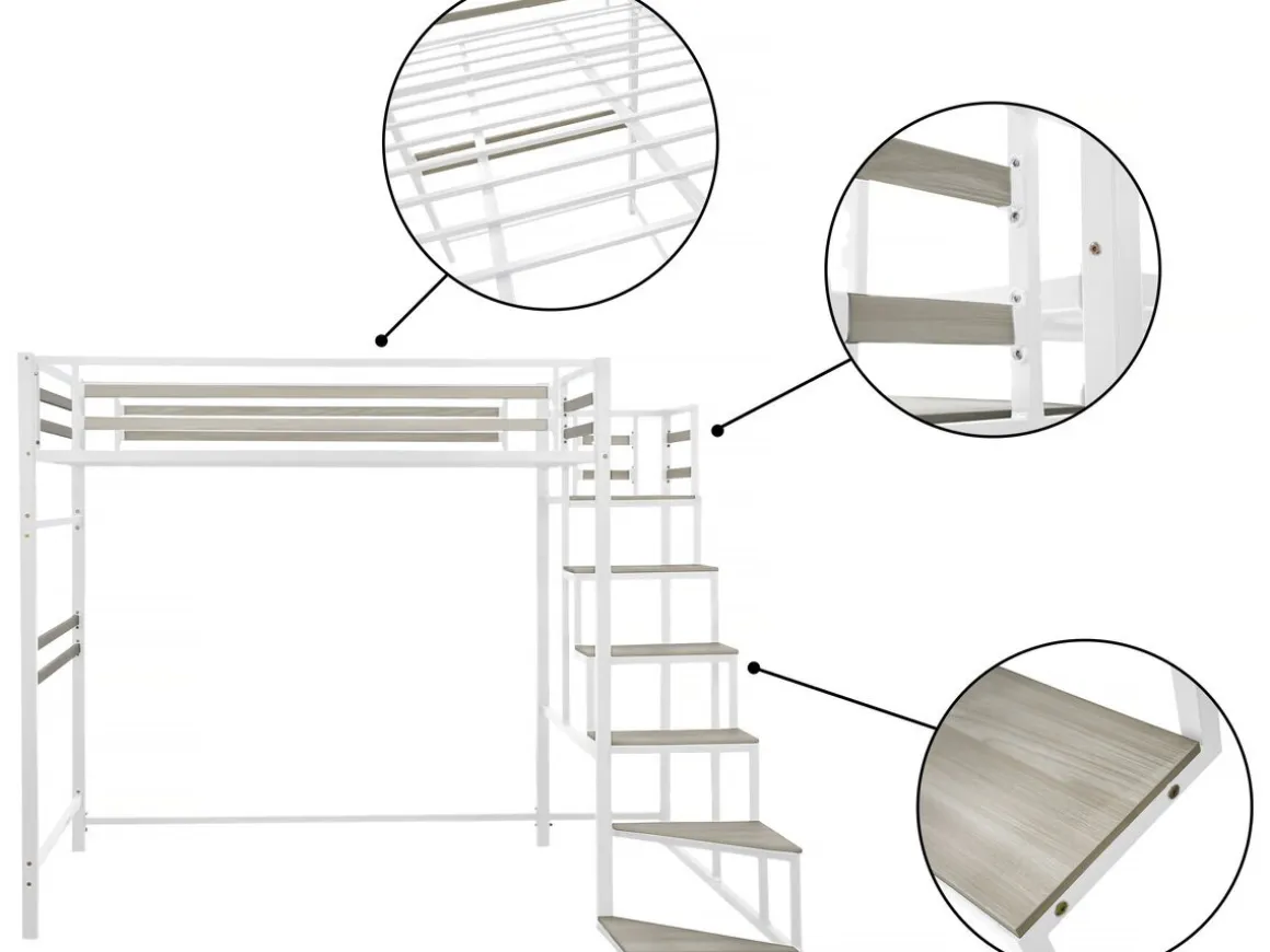 Lit mezzanine en métal avec escalier "LENA" - 140 x 190 cm - Blanc