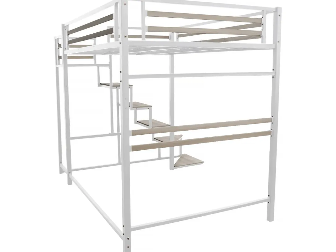 Lit mezzanine en métal avec escalier "LENA" - 140 x 190 cm - Blanc