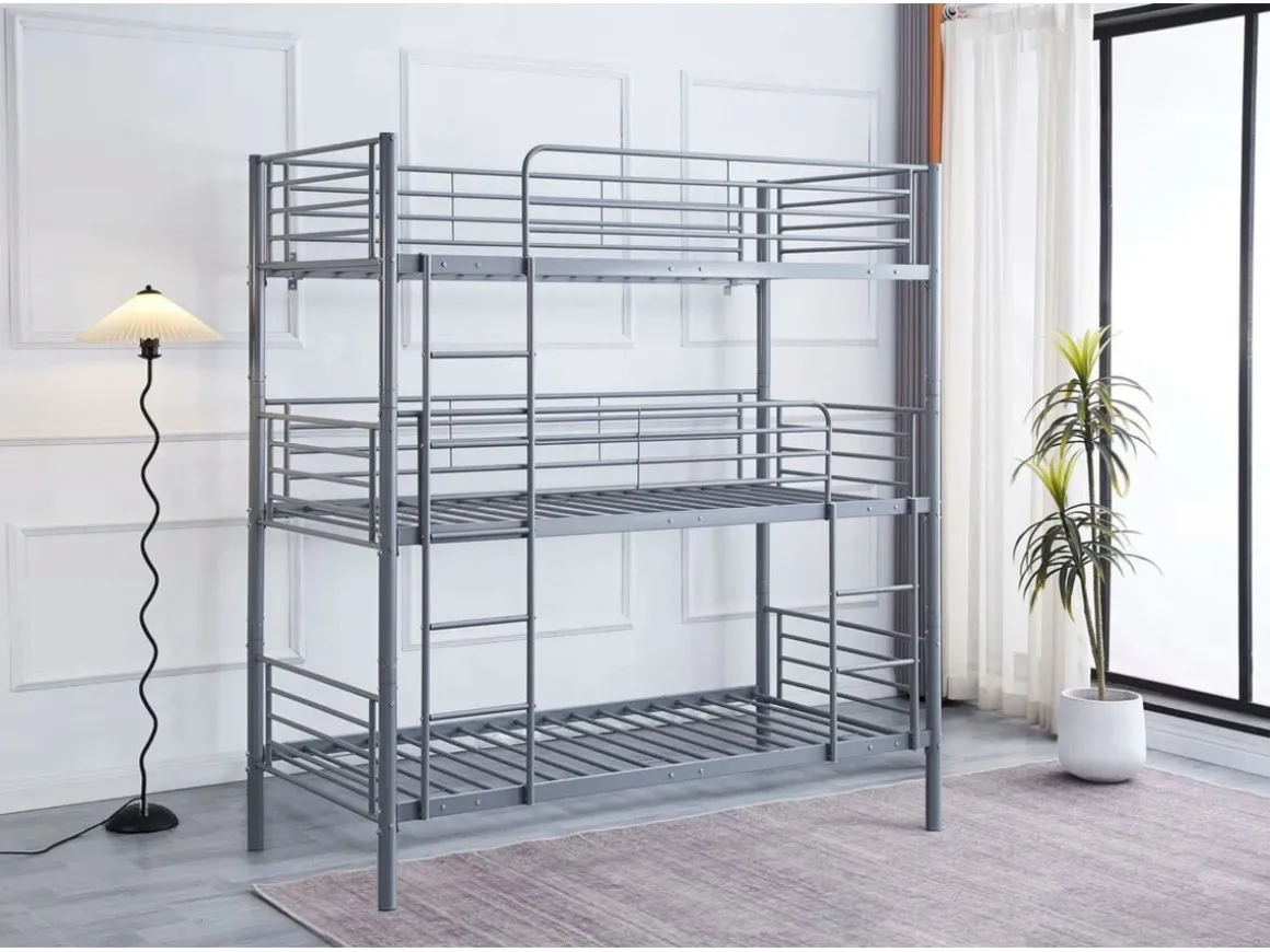 Lit superposé en métal triple "HAVIN" - 90 x 190 cm - Gris
