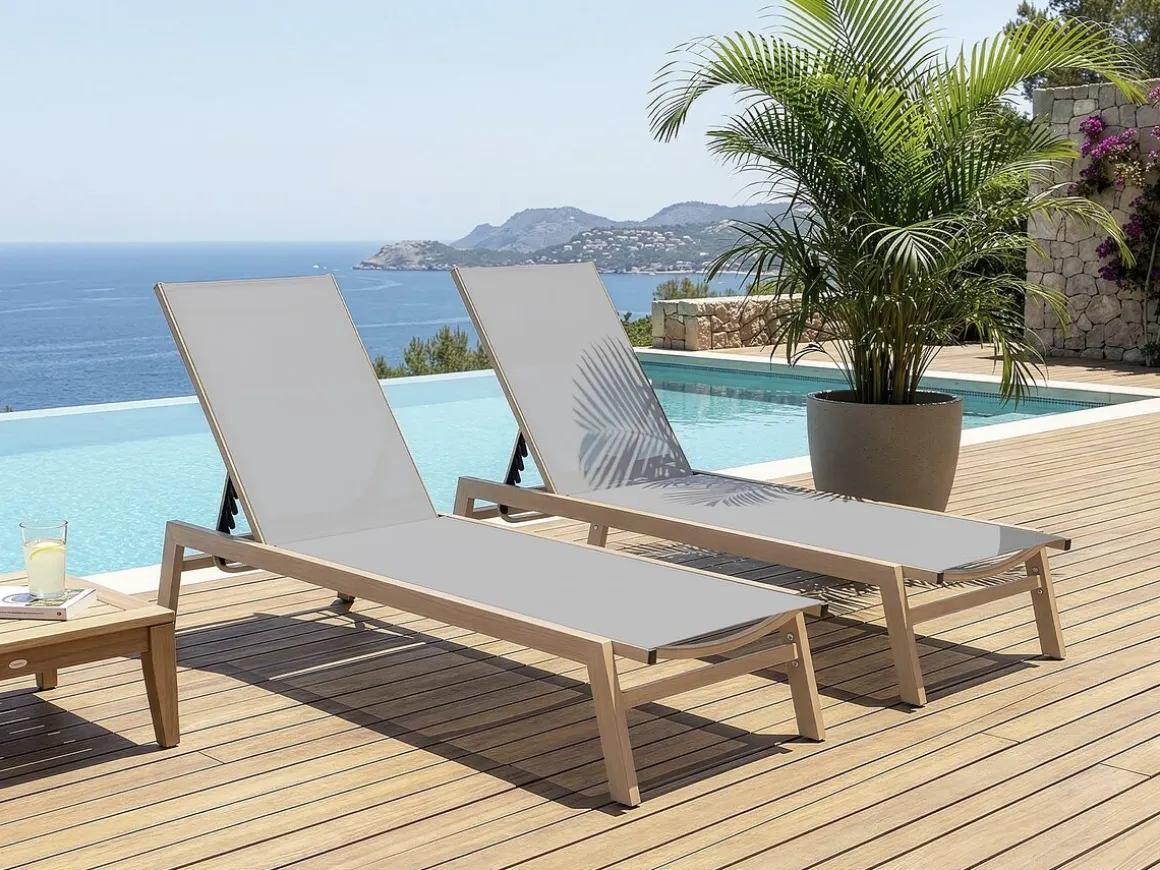 Lot de 2 bains de soleil en aluminium imitation bois "Elysia" - Gris clair