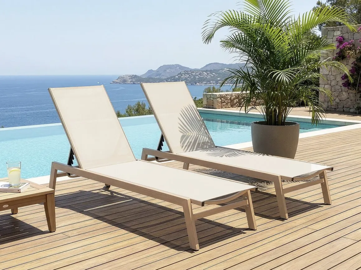 Lot de 2 bains de soleil en aluminium imitation bois "Elysia" - Ecru