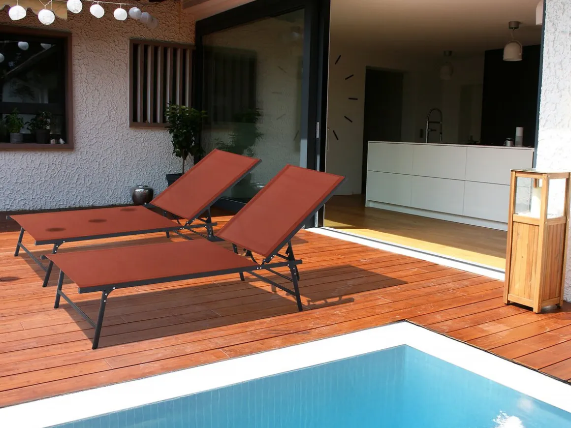 Lot de 2 bains de soleil en métal "Sublima" - 180 x 54 x 104 cm - Terracotta