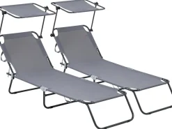 Lot de 2 bains de soleil pliable "Lazy" - Avec pare soleil - Gris