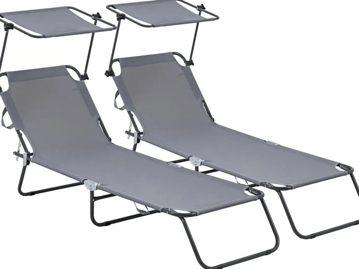 Lot de 2 bains de soleil pliable "Lazy" - Avec pare soleil - Gris