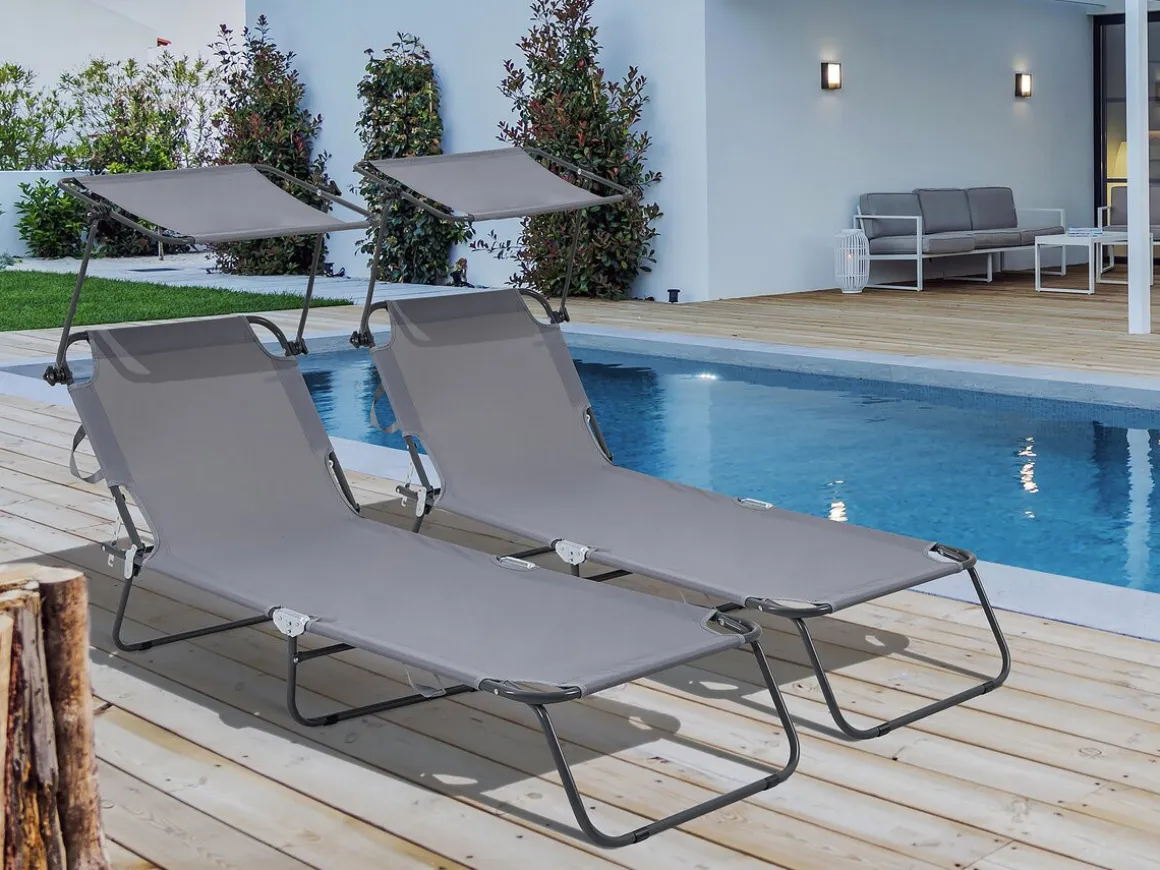 Lot de 2 bains de soleil pliable "Lazy" - Avec pare soleil - Gris