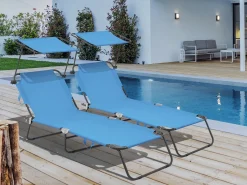 Lot de 2 bains de soleil pliable "Lazy" - Avec pare soleil - Bleu