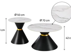Lot de 2 tables basses gigognes en céramique "Lune" - 70 x 70 x 42 cm - Gris/Blanc